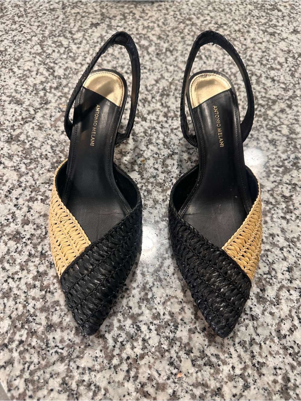 ANTONIO MELANI Black & Tan Woven Slingback Mules